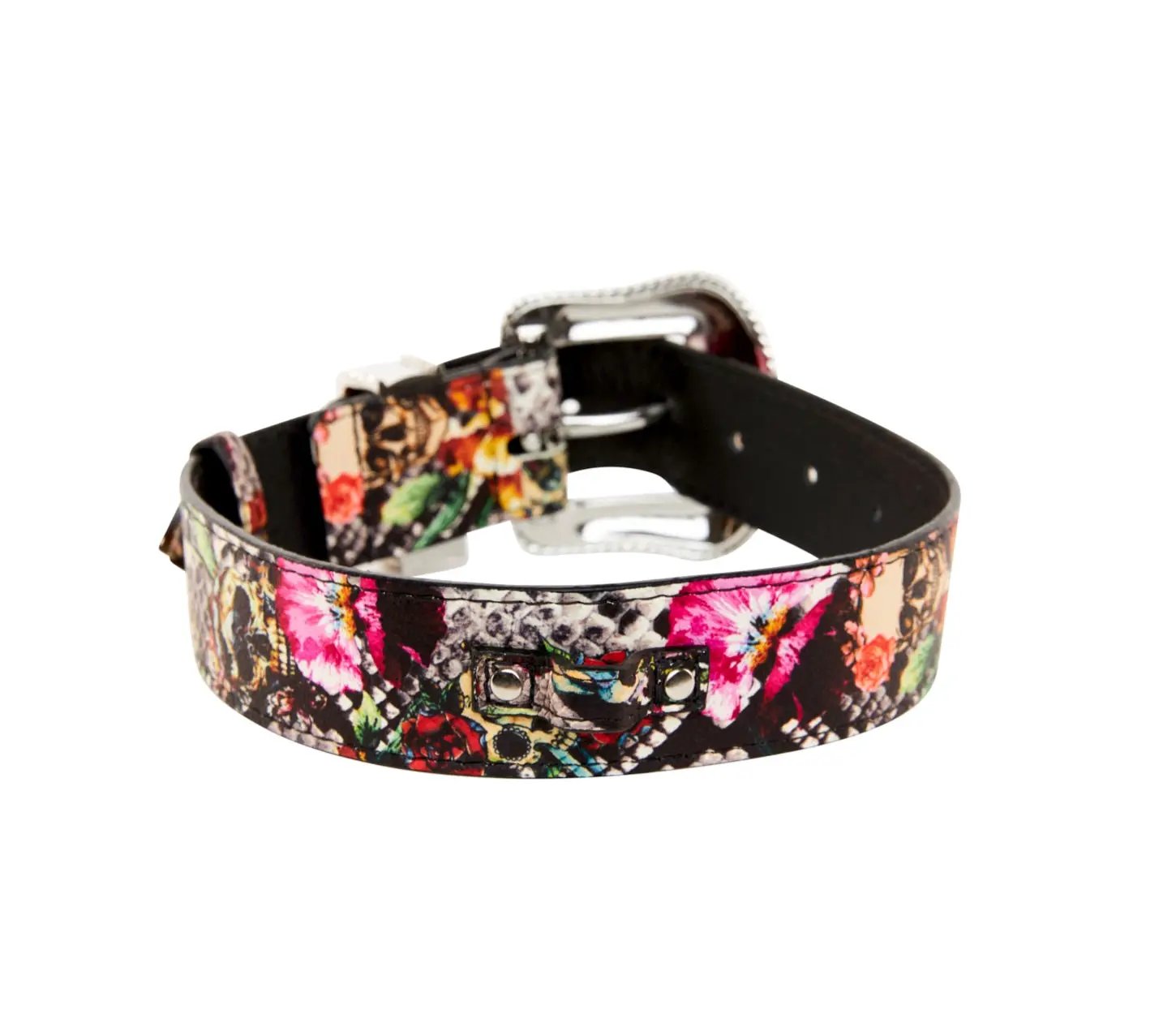 Collar floral skull-snake print Italian leather with Swarovski crystal hardware by Allysa Payne Beverly Hills
