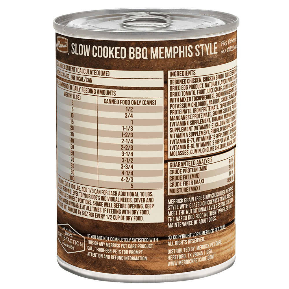 Merrick Memphis BBQ chicken can reverse with ingredients and feeding chart