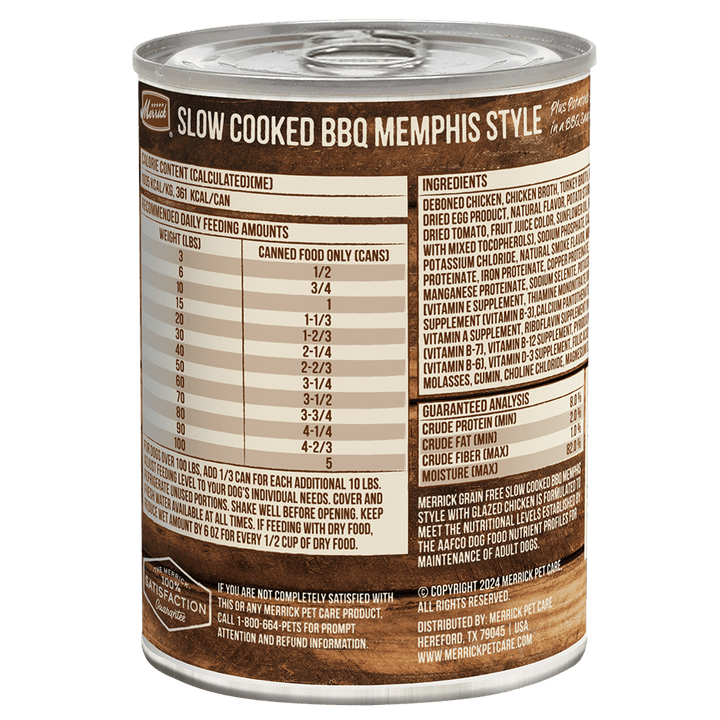 Merrick Memphis BBQ chicken can reverse with ingredients and feeding chart