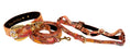Load image into Gallery viewer, Leather collar, leash and harness set in orange floral mosaic with crystal hardware by Allysa Payne Beverly Hills
