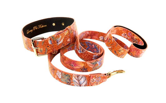 2-piece orange floral Italian leather collar and leash set by Allysa Payne Beverly Hills