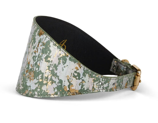 Collar by Allysa Payne Beverly Hills, iridescent green/gold/silver snake-pattern, 4 inches wide with gold hardware