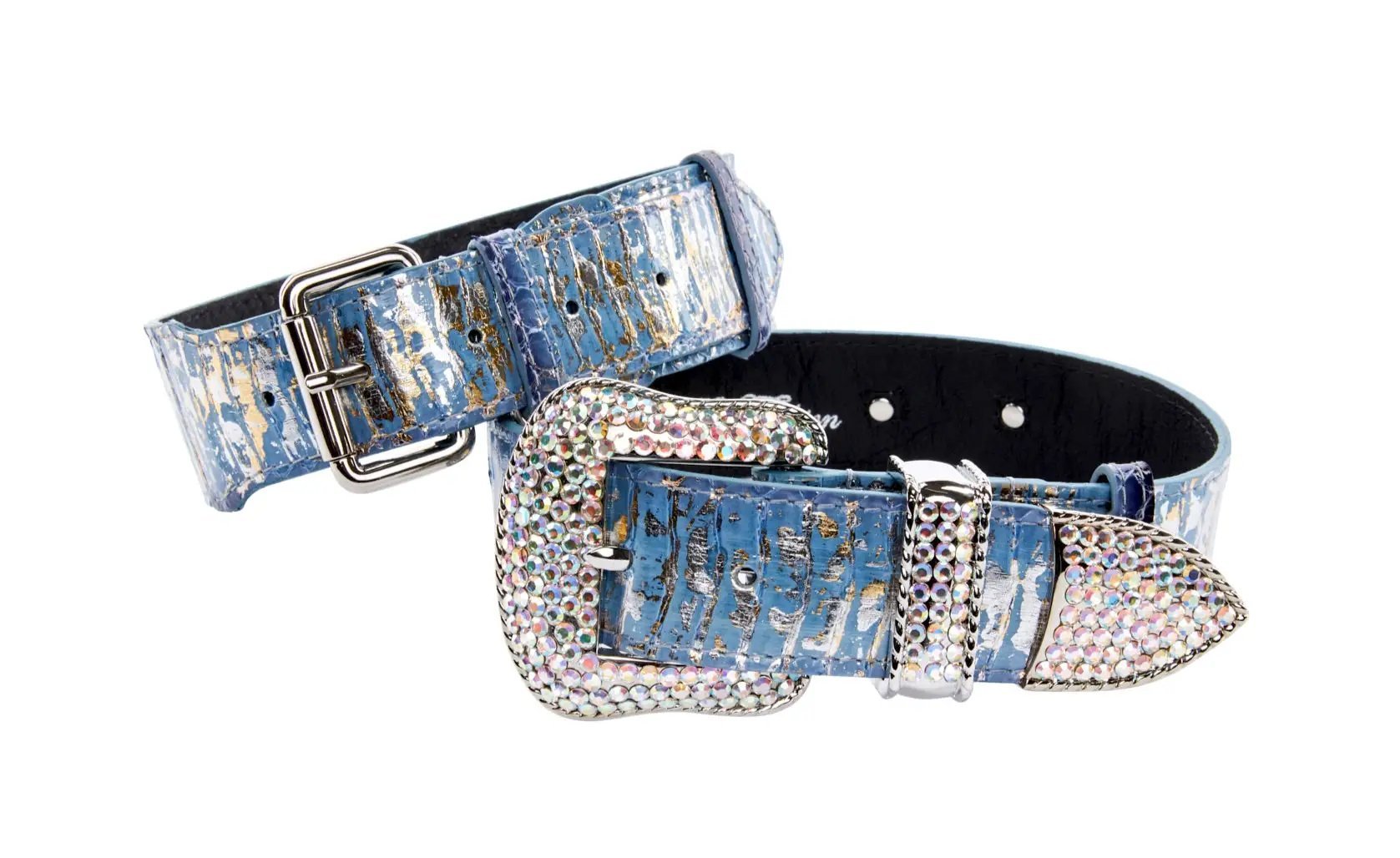 Collar set of two with light and dark blue snake-printed faux leather and Swarovski crystal-encrusted buckles.