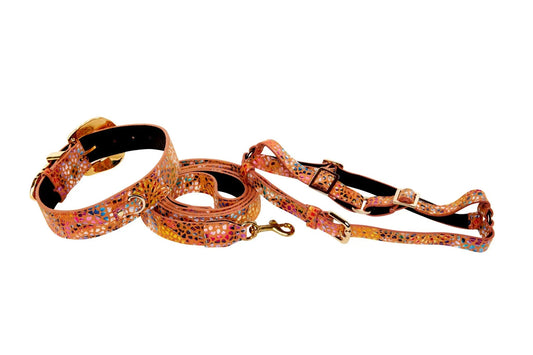 Three-piece collar, leash, and harness set in orange floral mosaic Italian leather with gold hardware by Allysa Payne