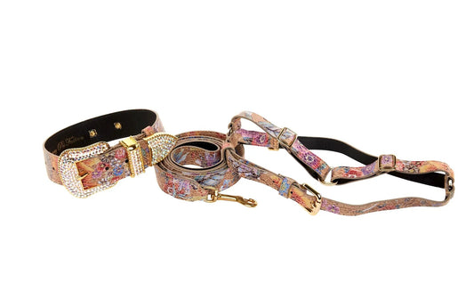 Collar, leash, harness set in taupe floral mosaic Italian leather with Swarovski crystals by Allysa Payne Beverly Hills