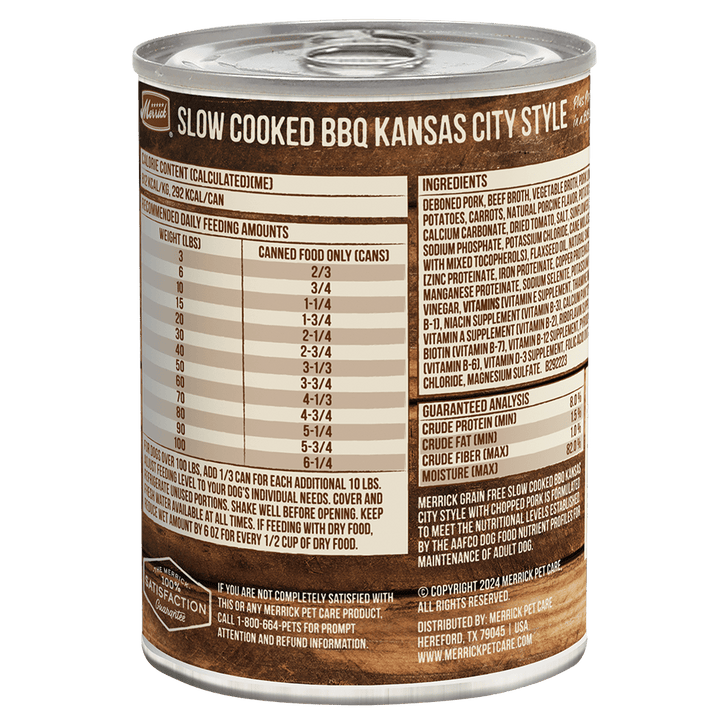Merrick Kansas City BBQ pork reverse ingredient and feeding label