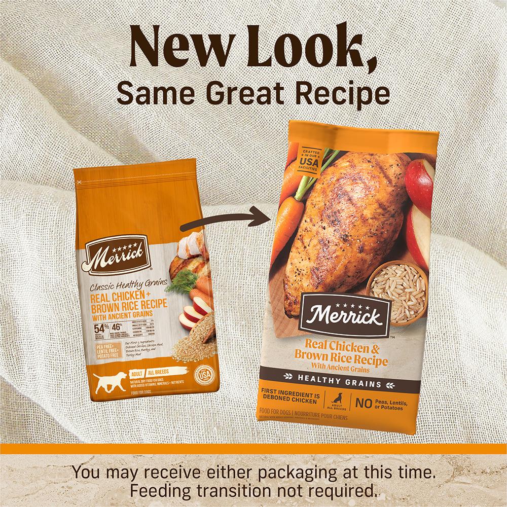 Merrick Chicken and brown rice packaging transition comparison
