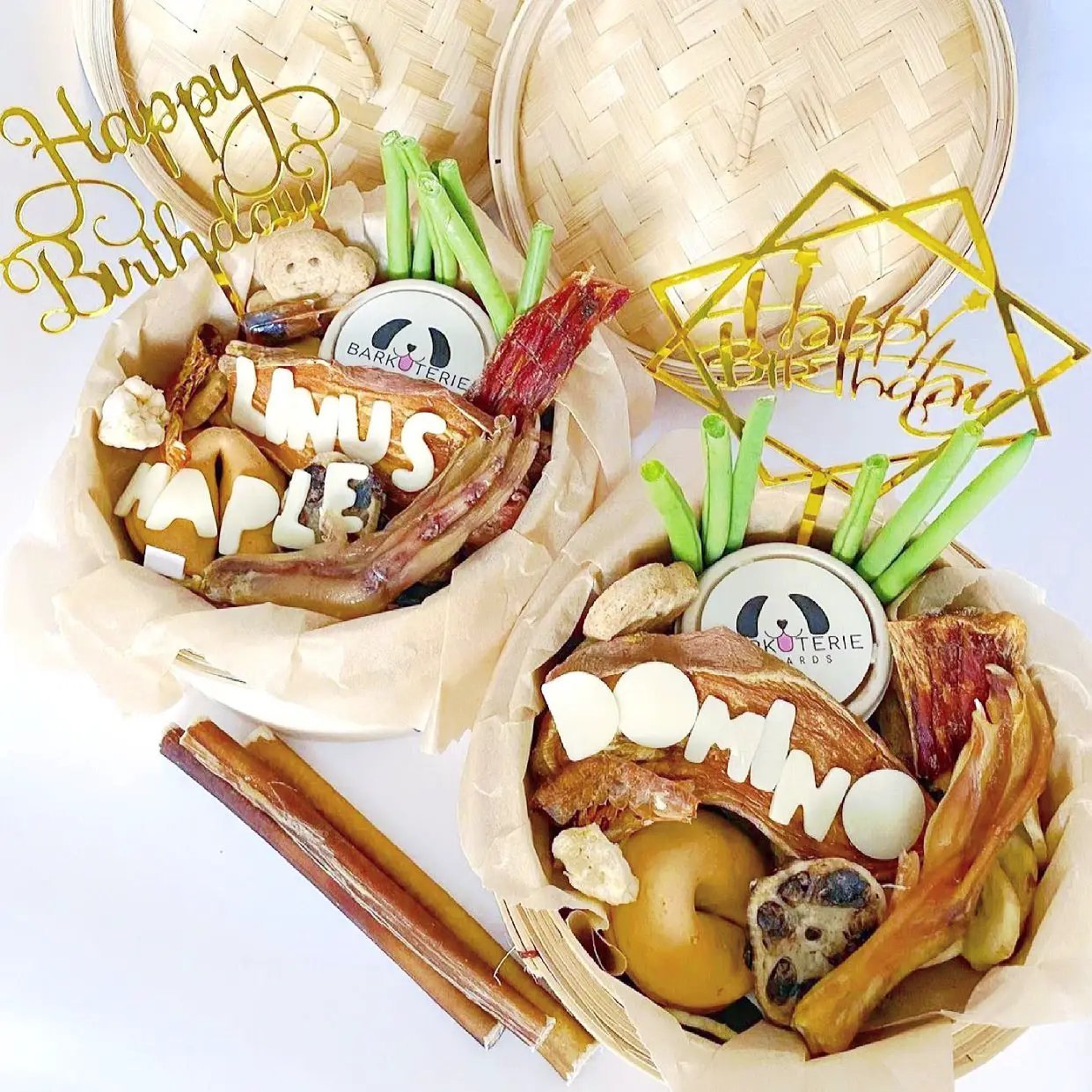 Naked Beasts Mahi Mahi (Wild Caught) dog treats gift basket with Barkuterie tins and birthday toppers.