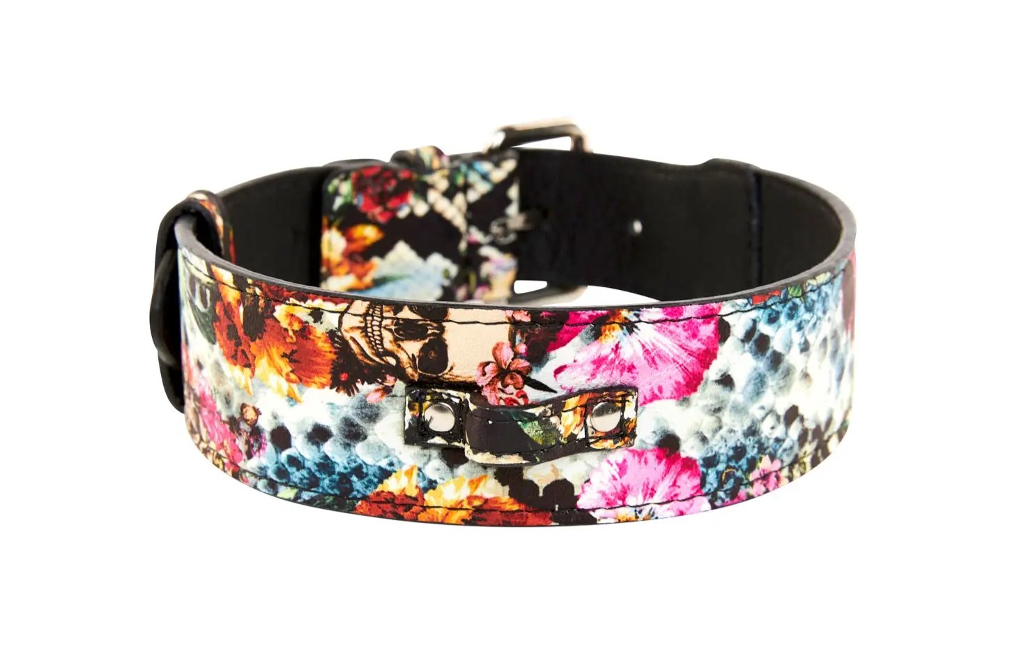 Italian leather collar in vibrant floral skull and snake print with silver hardware