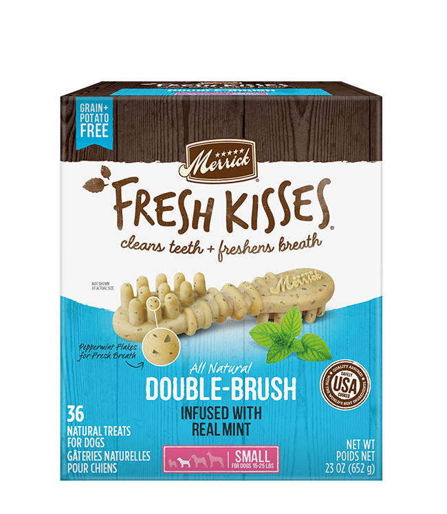Merrick Fresh Kisses mint Small box showing 23 oz and 36 chews