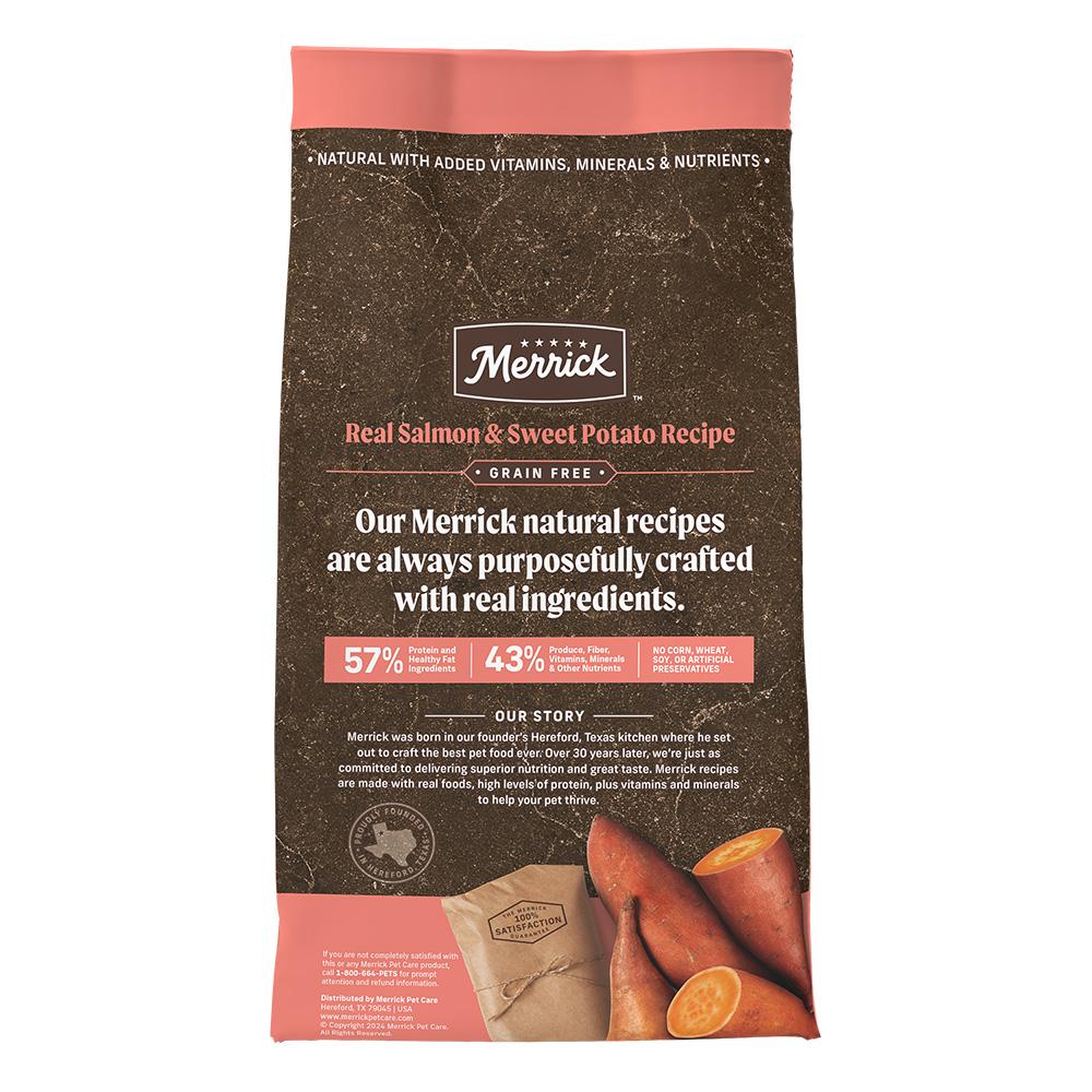 Merrick Salmon and sweet potato dog food bag reverse