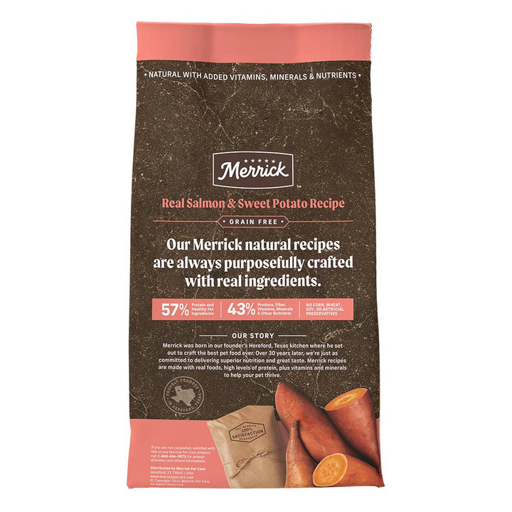 Merrick Salmon and sweet potato dog food bag reverse