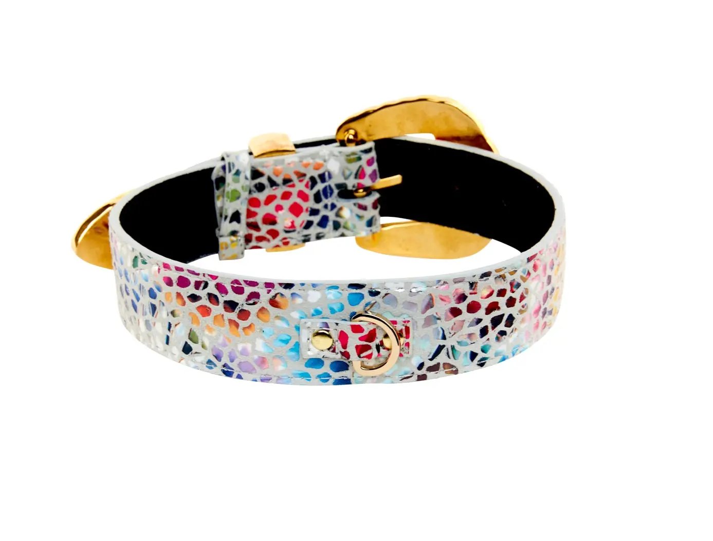 Collar: white floral mosaic Italian leather with gold-tone hardware and Orante Swarovski crystals.