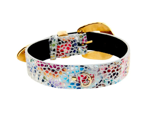 Collar: white floral mosaic Italian leather with gold-tone hardware and Orante Swarovski crystals.