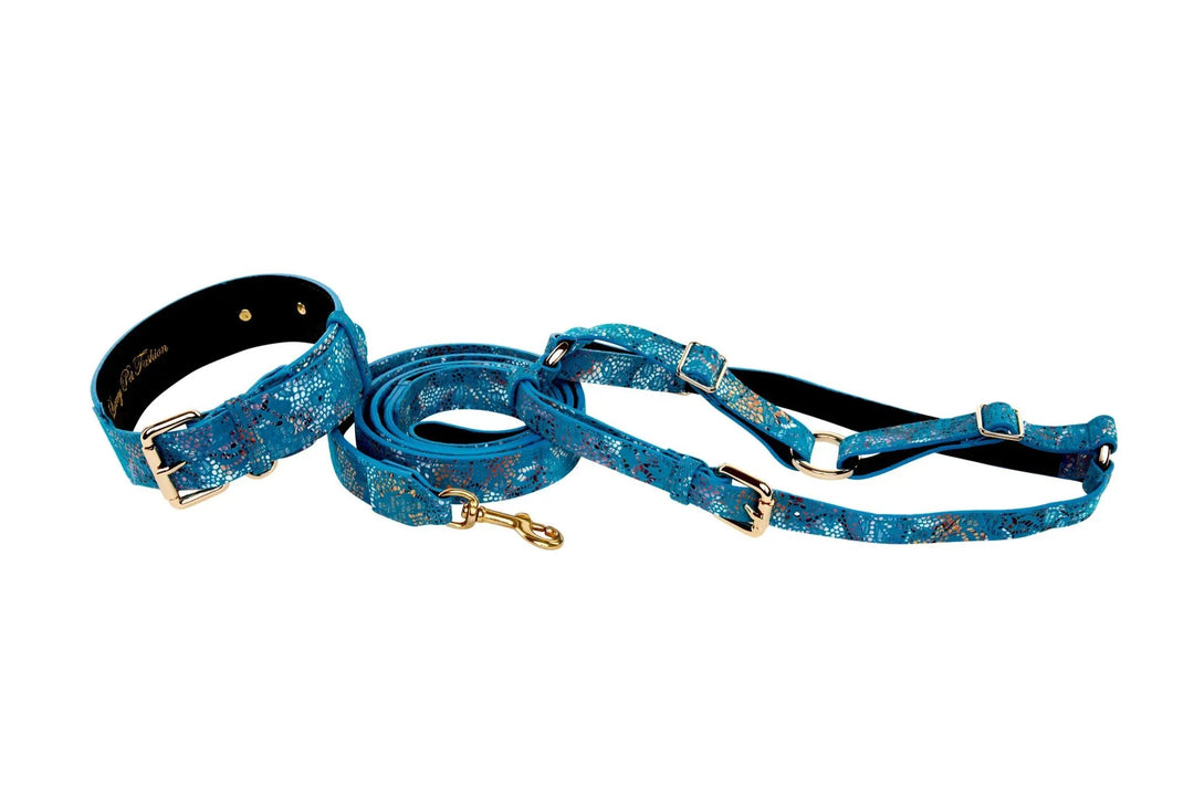 3-piece blue floral mosaic Italian leather collar, leash, harness set by Allysa Payne Beverly Hills