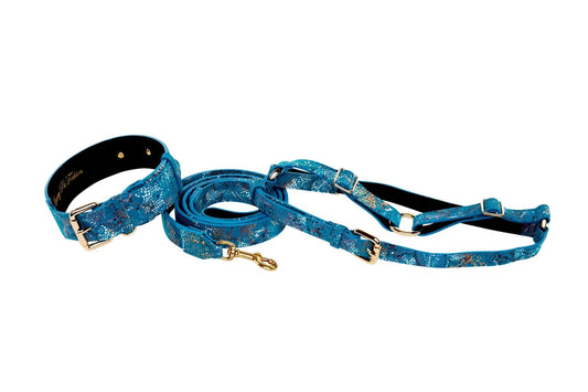 3-piece blue floral mosaic Italian leather collar, leash, harness set by Allysa Payne Beverly Hills