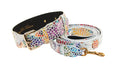 Load image into Gallery viewer, Collar and leash set in white floral mosaic Italian leather with gold hardware, Allysa Payne Beverly Hills
