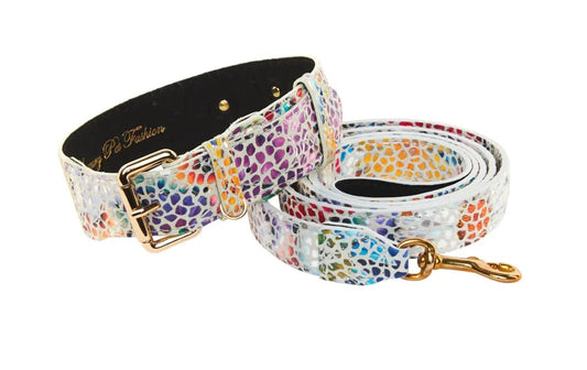 Collar and leash set in white floral mosaic Italian leather with gold hardware, Allysa Payne Beverly Hills