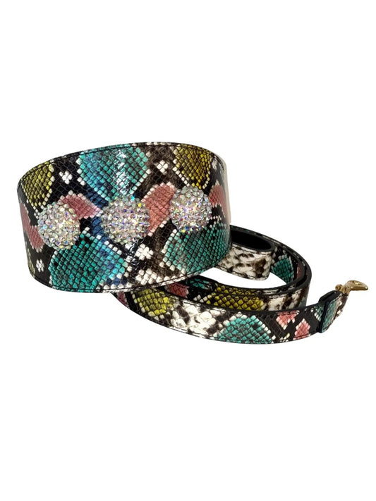 Collar and leash set, multi-color snake-embossed Italian leather, wide collar with Swarovski crystal rivets.
