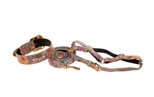 Collar, leash, and harness set in taupe floral mosaic Italian leather with gold hardware