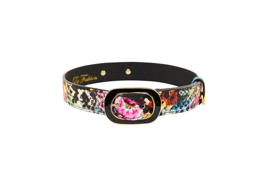 Leather collar with floral scull snake-print pattern, Italian leather, gold buckle, Allysa Payne Beverly Hills