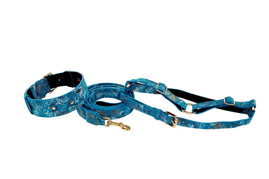 Blue floral mosaic Italian leather collar, leash, and harness set with gold hardware