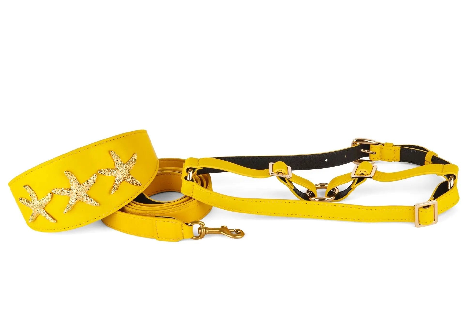 3-inch wide yellow Italian leather collar set with gold starfish accents, Allysa Payne Beverly Hills