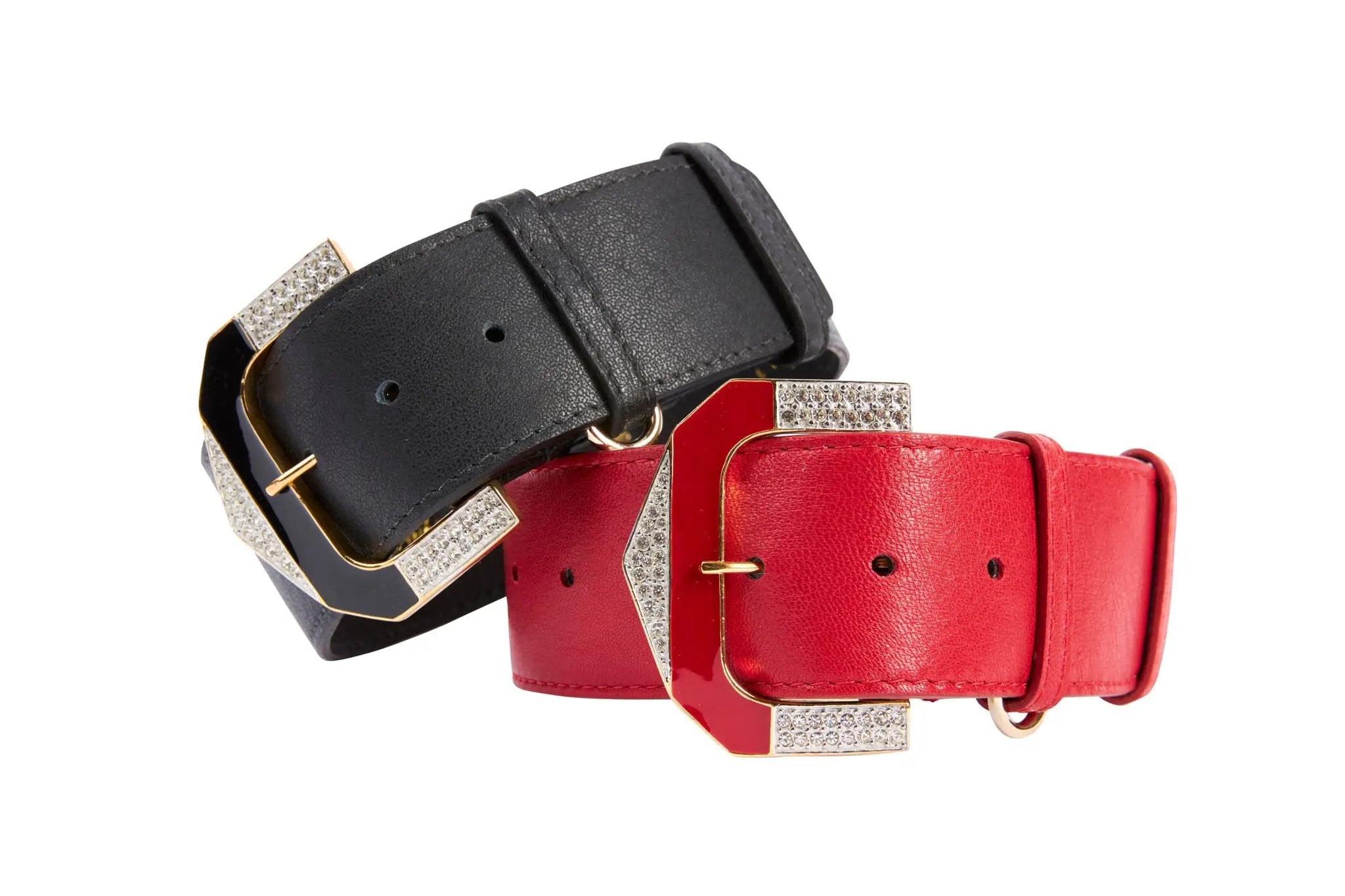 Two-piece black and red Italian leather collar set with crystal-studded gold hardware.
