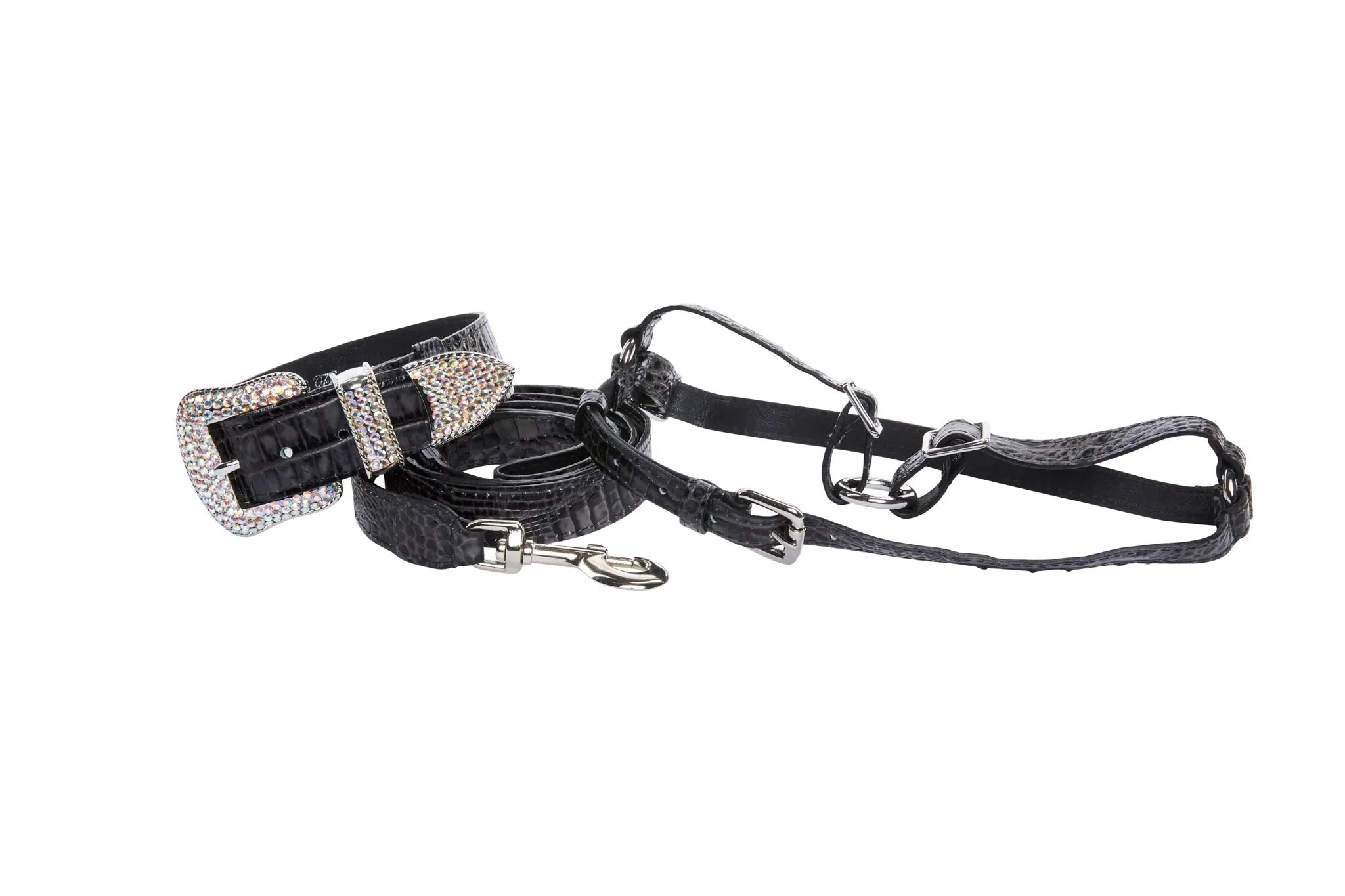 Croc Italian Leather Harness Set With Swarovski Crystals by Allysa Payne Beverly Hills