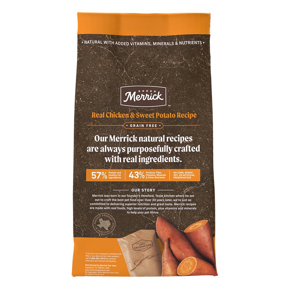 Merrick Chicken and sweet potato dog food bag reverse