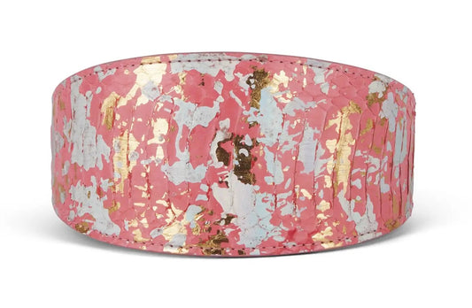 Iridescent pink art deco style collar with gold and silver foil accents, 3 inches wide