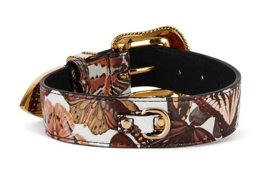 Butterfly-print Italian leather collar with gold-tone hardware