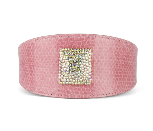 Soft pink snake-skin collar, 3-inch wide with square Swarovski crystal rivet; Allysa Payne Beverly Hills