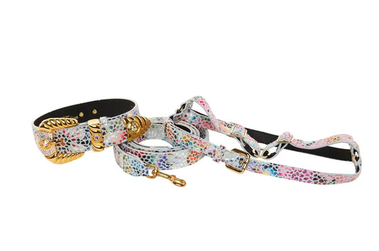 Three-piece white floral mosaic Italian leather collar, leash, harness set with Swarovski crystals.