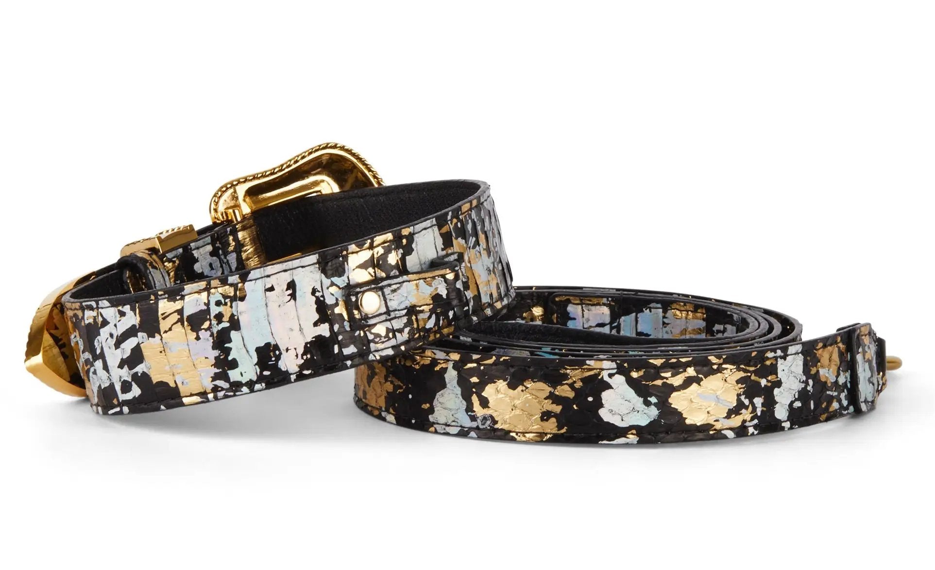 Collar and leash set in black with gold and silver metallic splatter, Art Deco Swarovski crystal design
