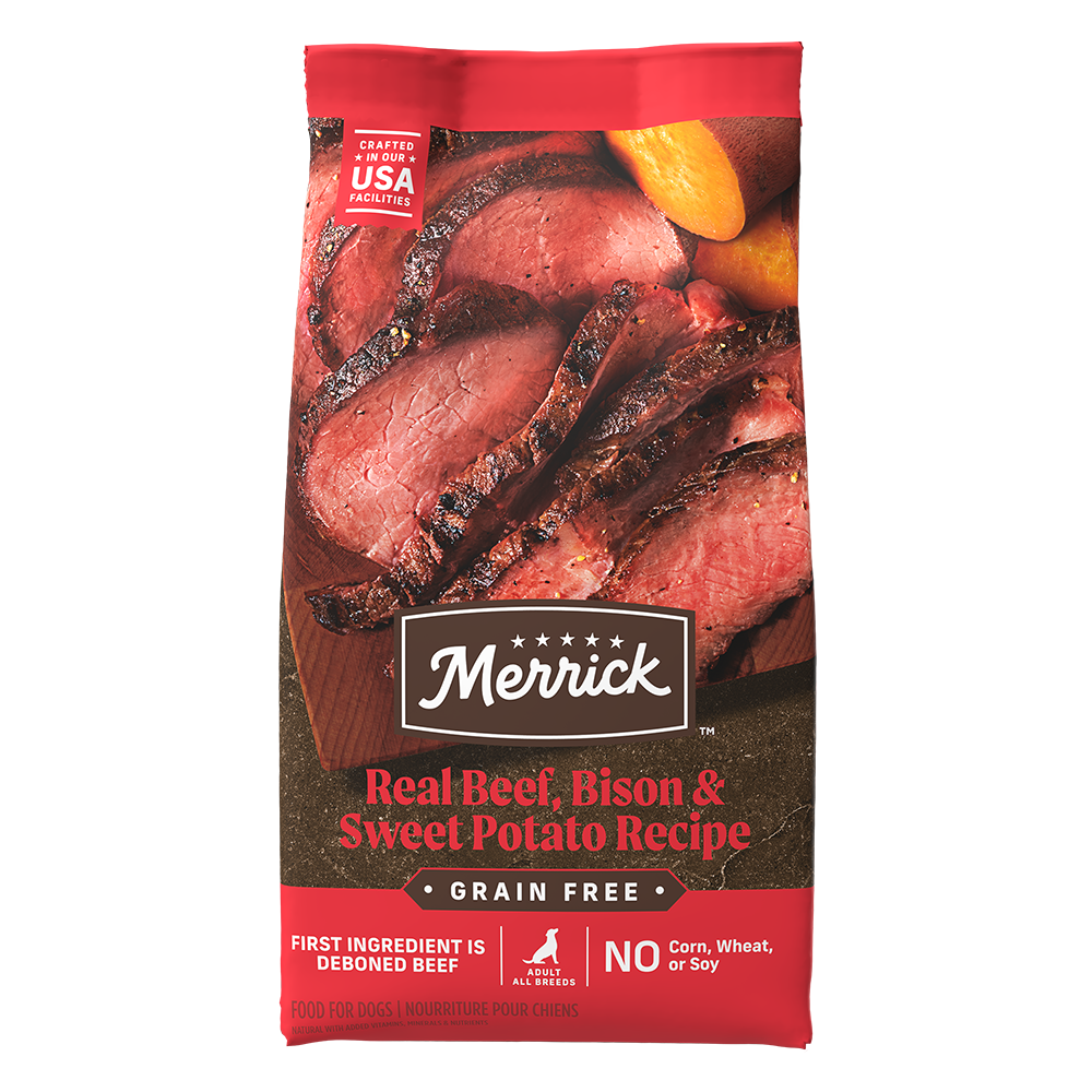 Merrick Beef bison and sweet potato dry dog food bag front
