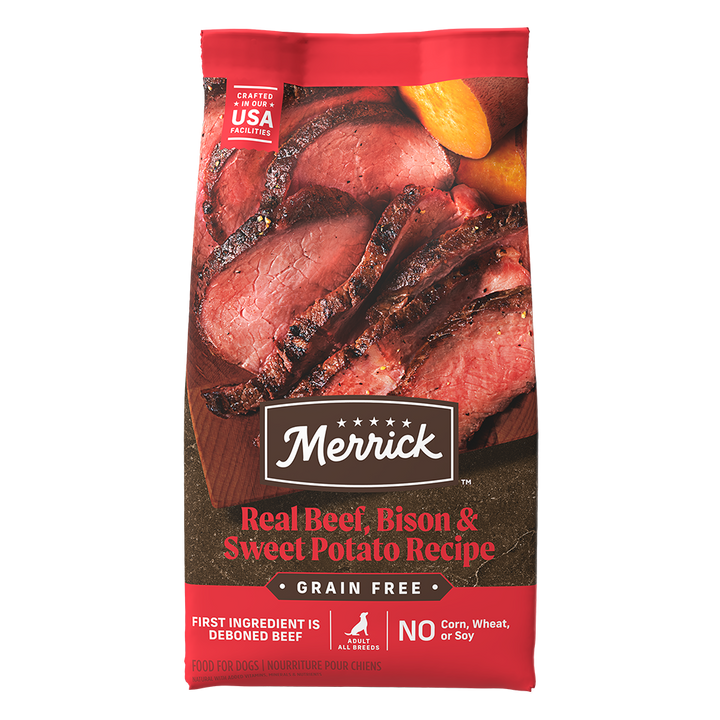 Merrick Beef bison and sweet potato dry dog food bag front