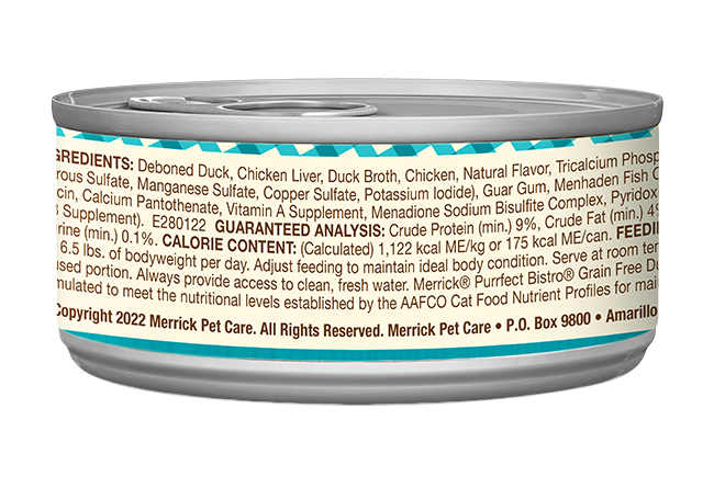 Merrick Purrfect Bistro Duck Pate reverse ingredient and nutrition label