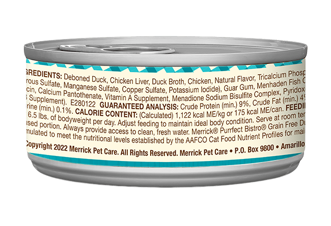 Merrick Purrfect Bistro Duck Pate reverse ingredient and nutrition label
