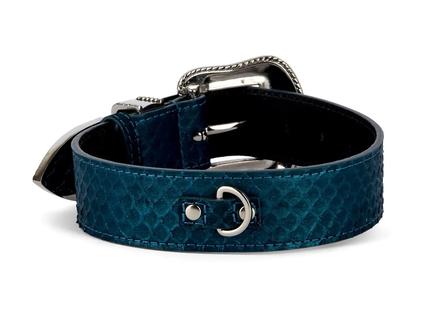 Stunning blue snakeskin collar with iridescent blue-green finish and Swarovski crystal hardware