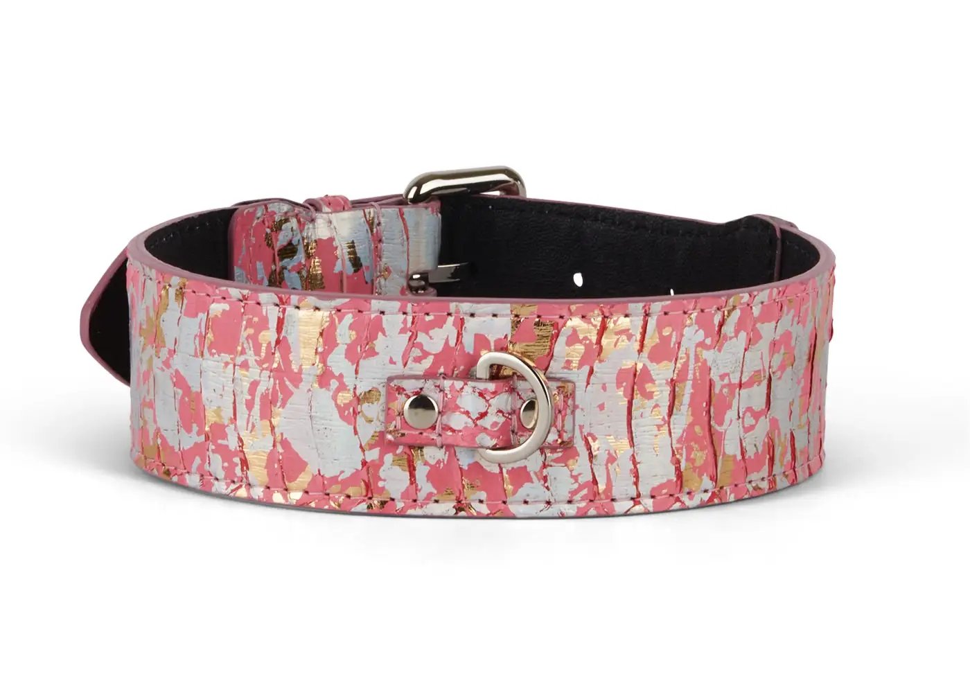 Dog collar, wide iridescent pink/gold/silver Art Deco pattern with metal D-ring, Allysa Payne Beverly Hills