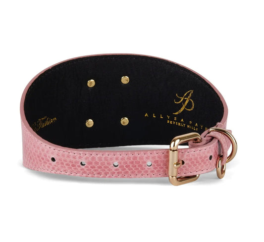 Soft pink snake-print collar, 3" wide, with gold hardware and black lining; Allysa Payne Beverly Hills