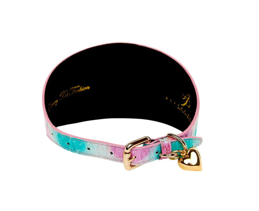 Snake print collar in turquoise, fuchsia and off-white, 4 inches wide with gold-tone buckle and heart charm