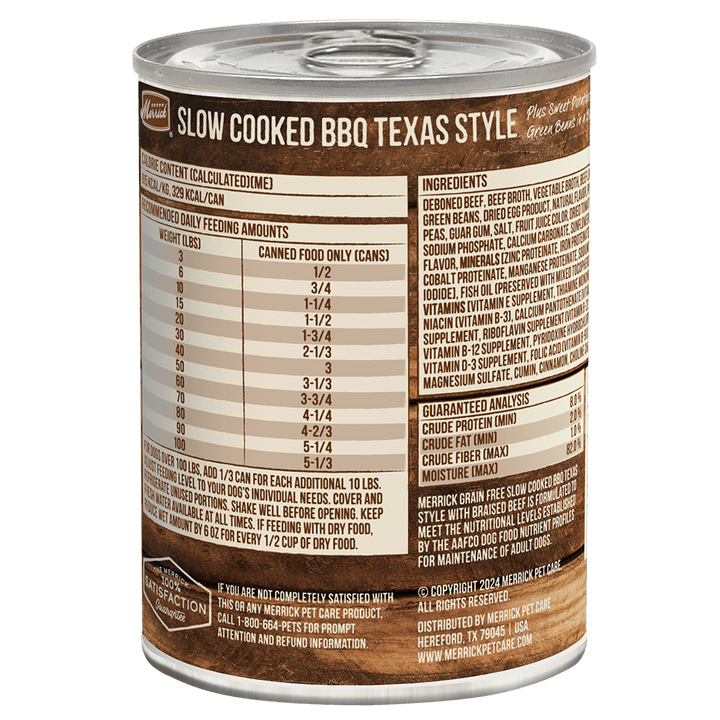 Merrick Texas BBQ beef reverse ingredient and feeding label