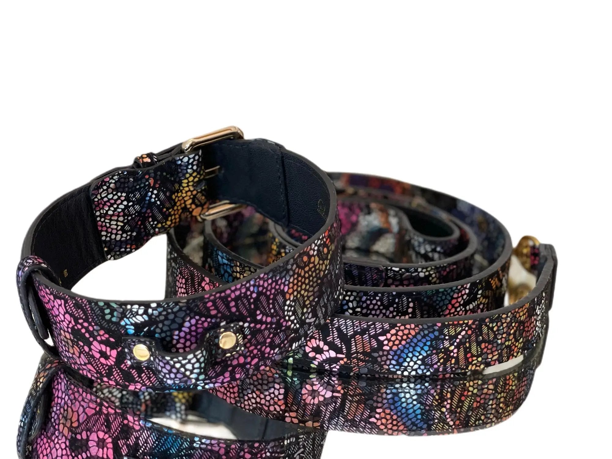 Luxury Pet Fashion Black Floral Lace Leather Collar Set by Allysa Payne Beverly Hills
