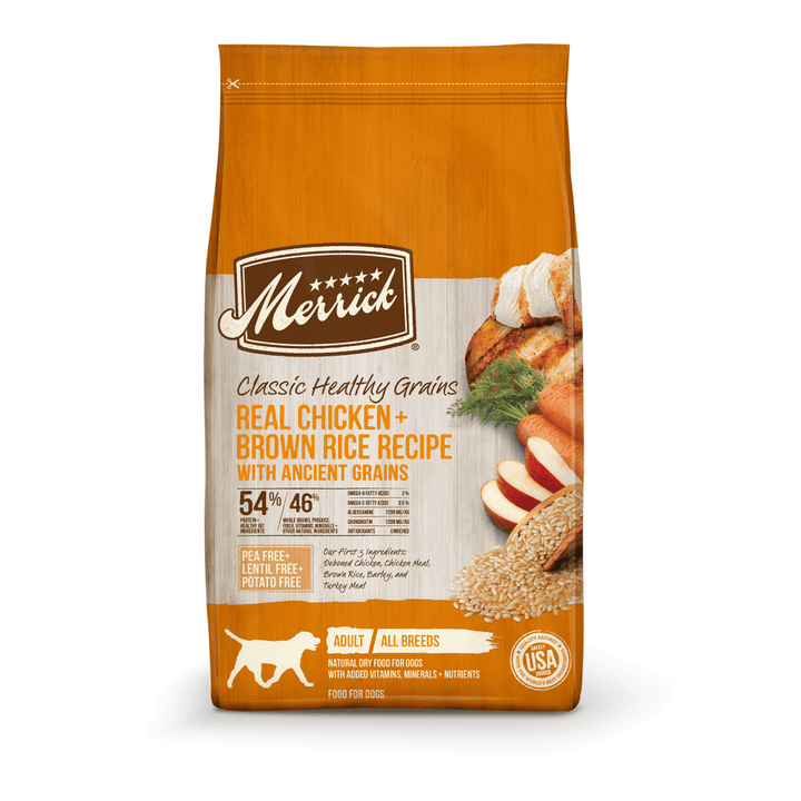Merrick Classic Healthy Grains chicken and brown rice earlier bag front