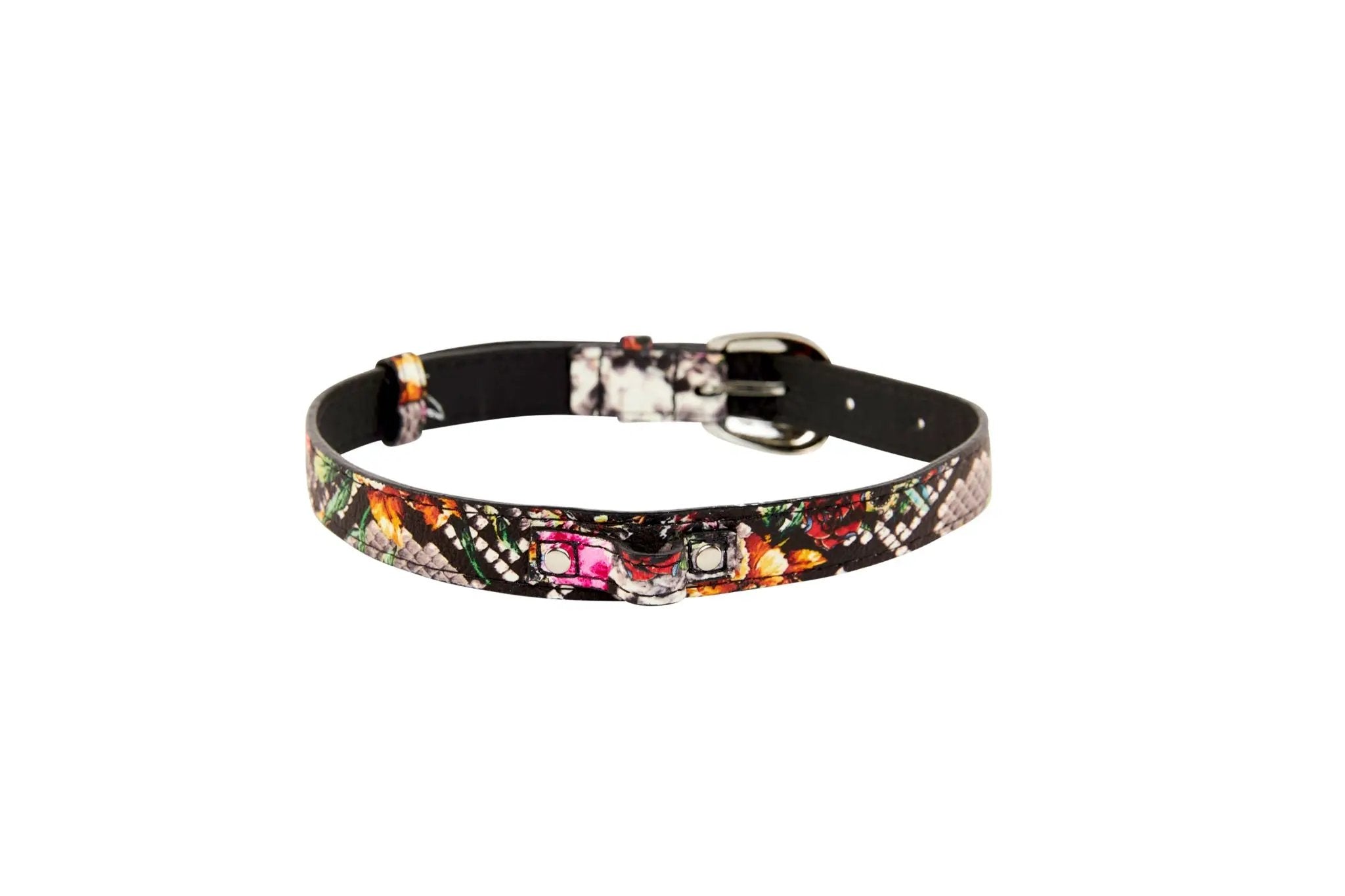 Allysa Payne Beverly Hills floral snake-print Italian leather dog collar with silver oval hardware