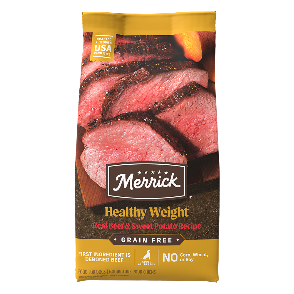 Merrick Healthy Weight beef and sweet potato dog food bag front