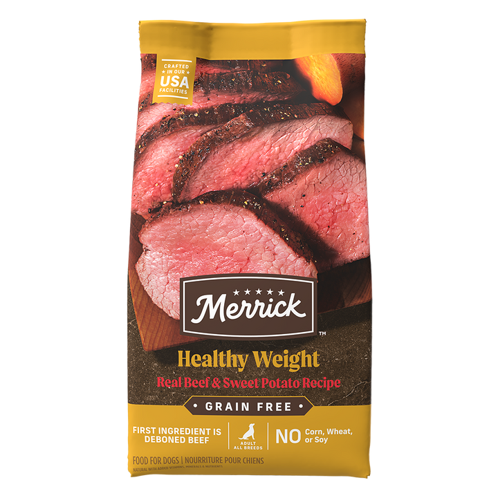 Merrick Healthy Weight beef and sweet potato dog food bag front