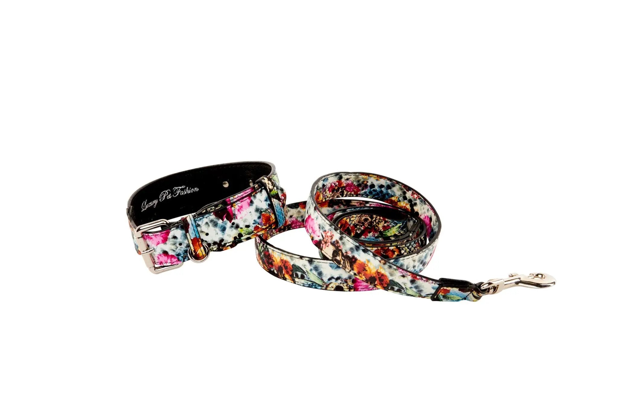 Collar and leash set in floral print Italian leather by Allysa Payne Beverly Hills